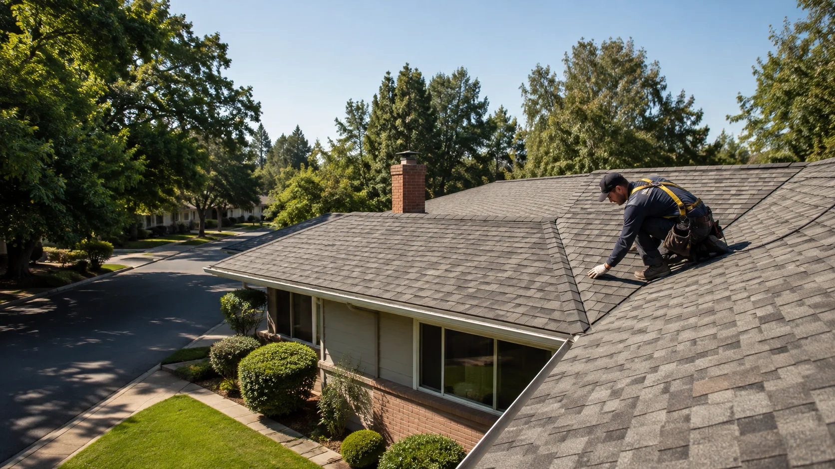 Illustrative roof evaluation on a composition shingle home surrounded by mature trees