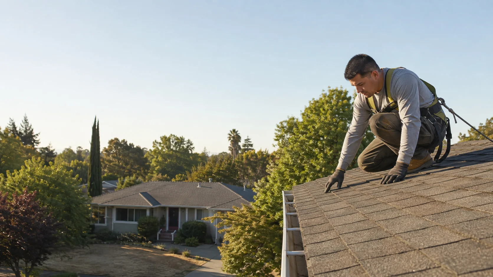Illustrative view of a roofer evaluating a composition shingle roof in a Northern California neighborhood