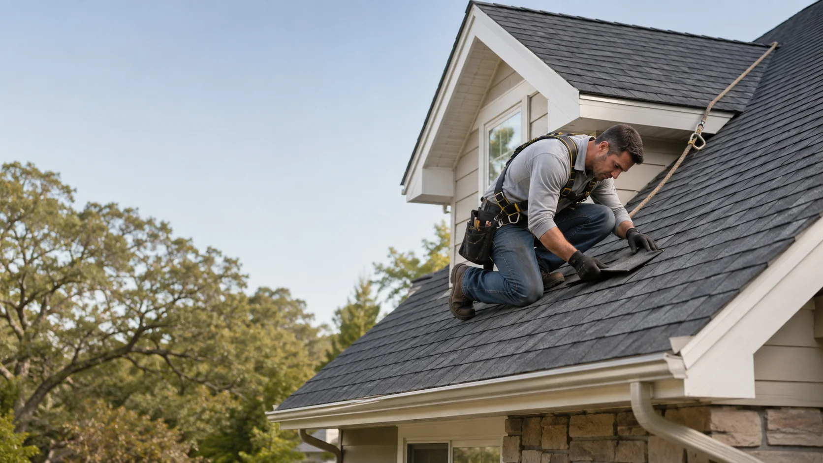 Illustrative roofer using secured fall protection while inspecting a composition shingle roof near mature oak trees