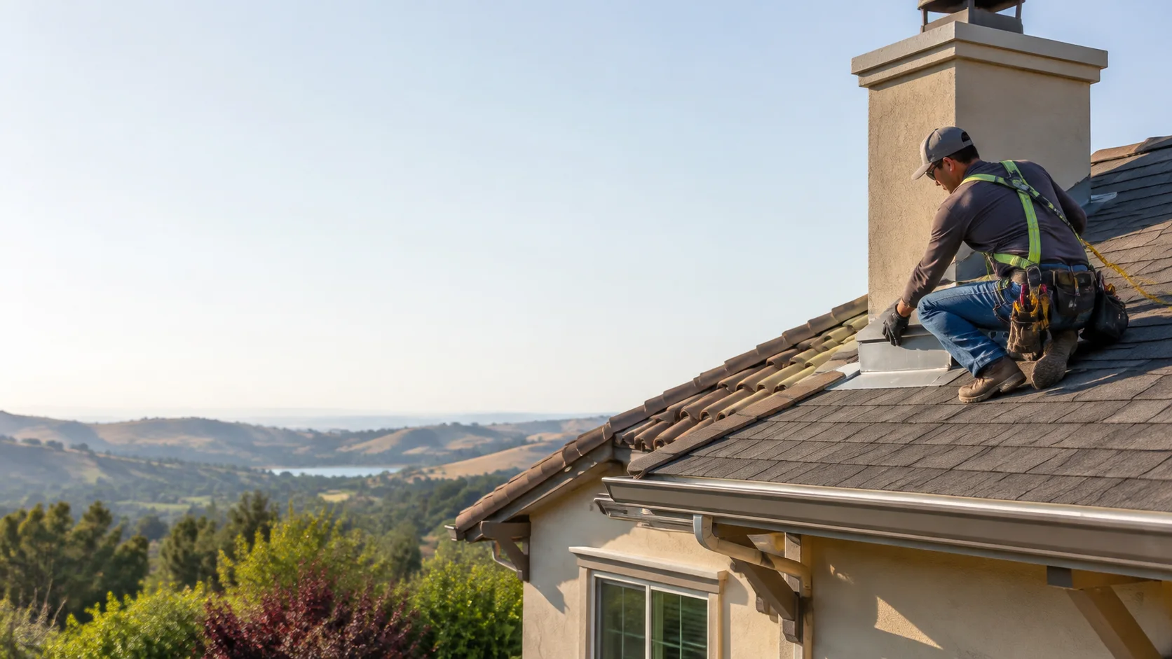 Illustrative roofing professional inspecting a Folsom area residential roof