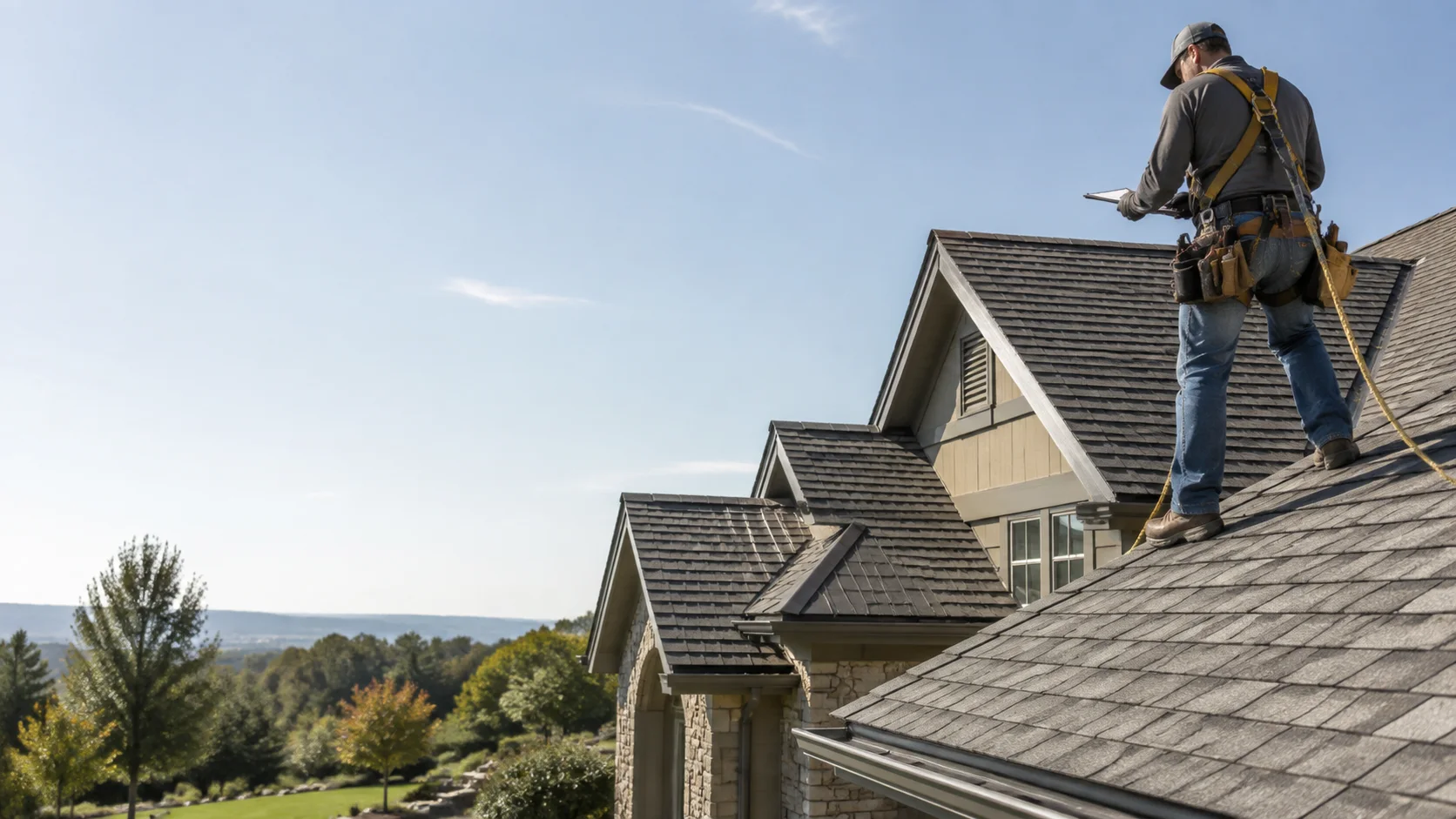 Illustrative contractor evaluating a detailed composition roof on a Northern California home