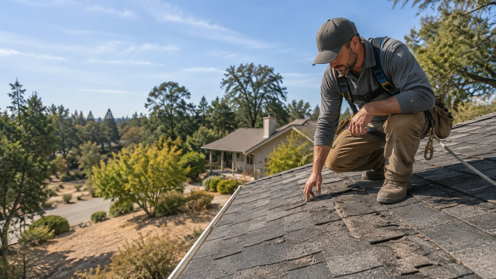 Illustrative roofing inspection on a composition shingle home in a spacious Northern California neighborhood