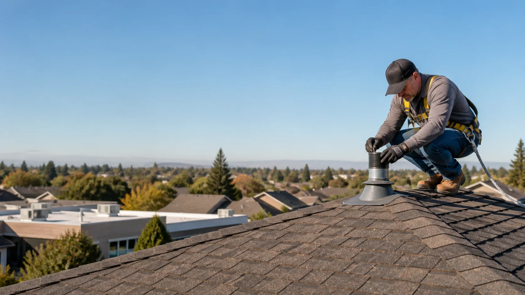Illustrative roofer evaluating a composition roof on a Rancho Cordova area property