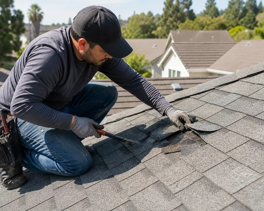 Roofer examining composition shingles during a repair evaluation