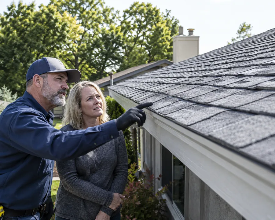 Roofing contractor discussing roof findings with a homeowner