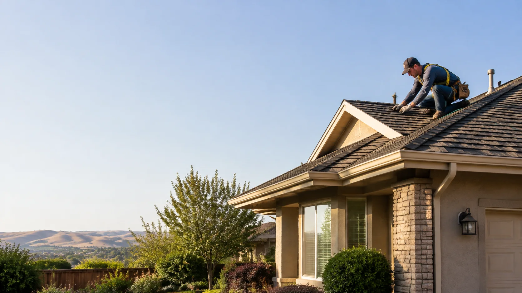 Illustrative roofer reviewing a composition shingle roof on a Roseville area home