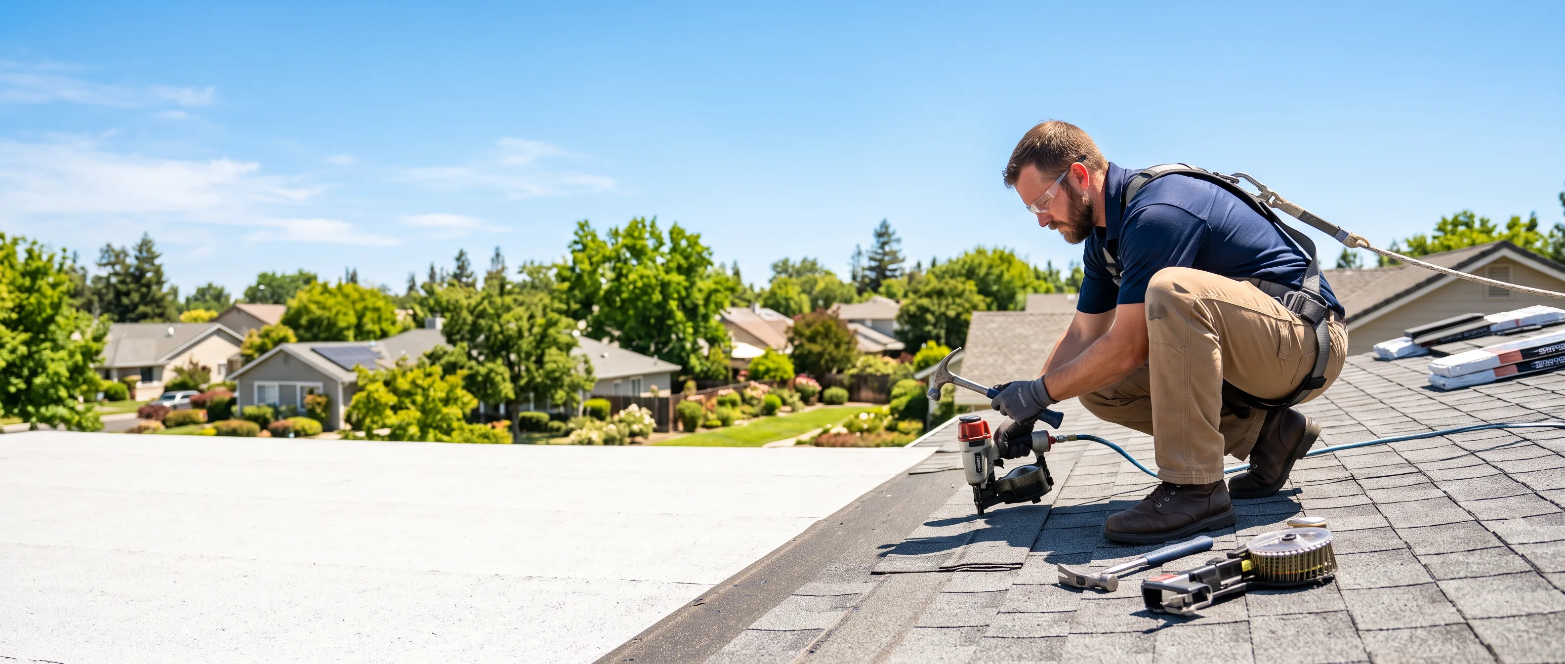 Roofer working on a residential composition roof in the Sacramento area