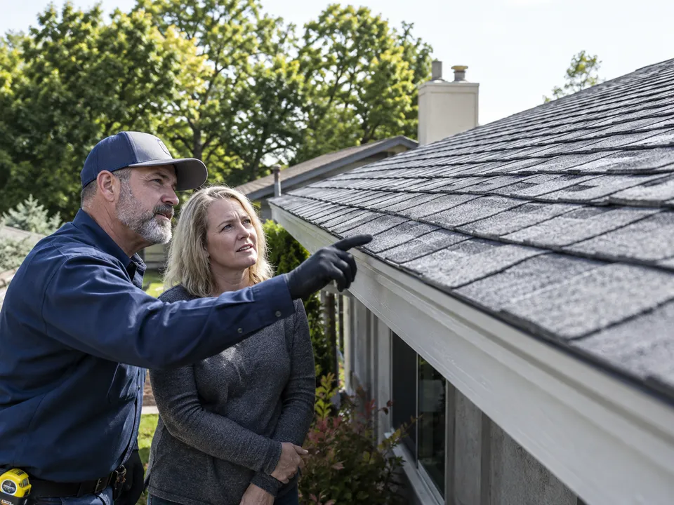 Roofing contractor discussing a roof with a homeowner in generated placeholder photography