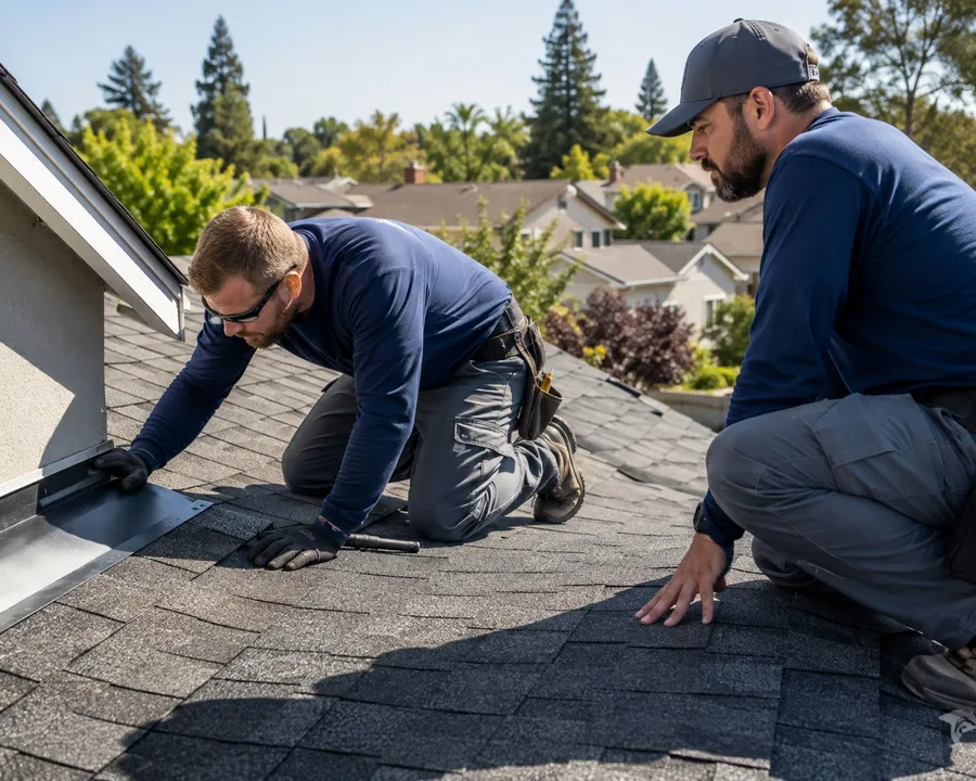 Roofing professionals reviewing shingles and flashing in generated placeholder photography