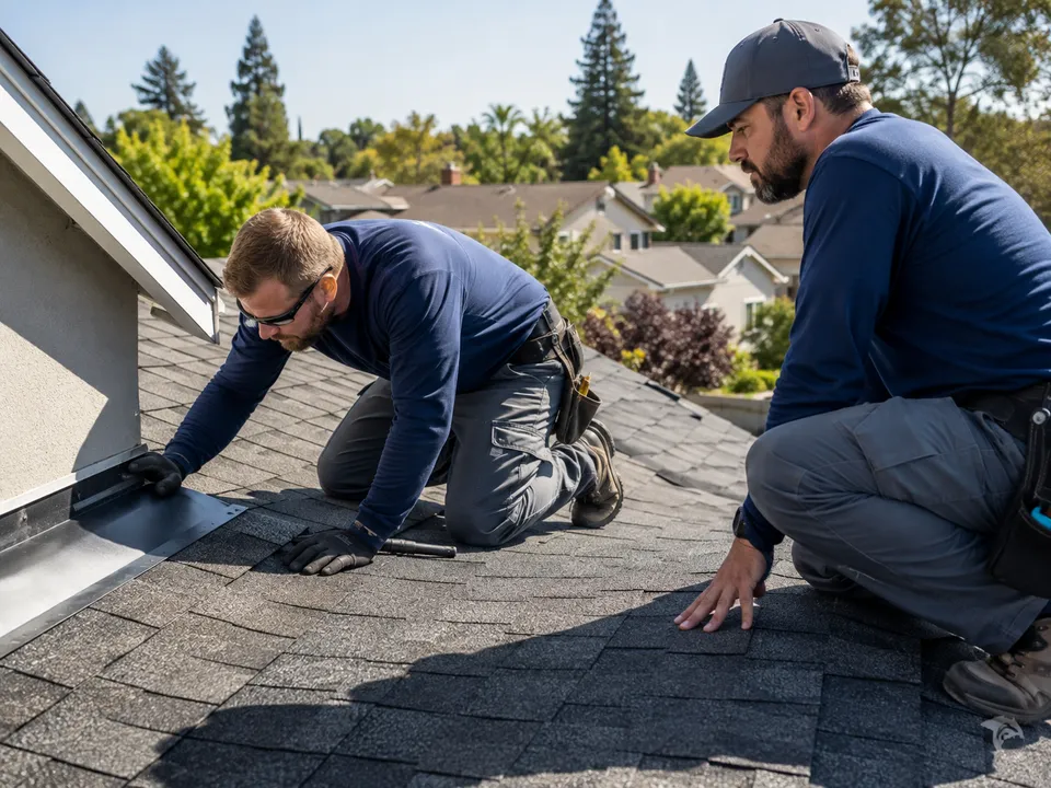Roofing professionals evaluating shingles in generated placeholder photography