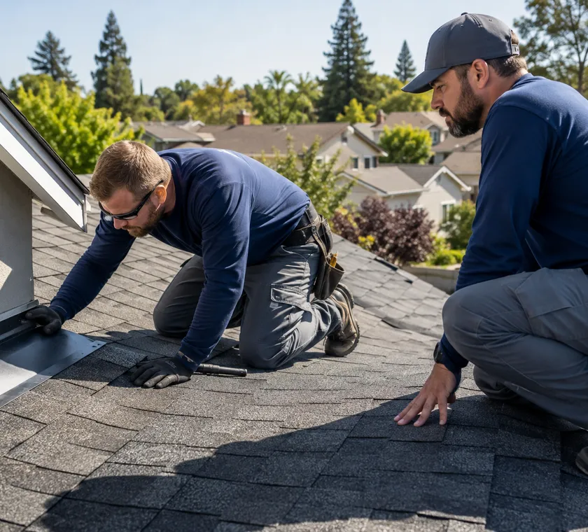 Roofing professionals evaluating shingles and flashing in generated placeholder photography
