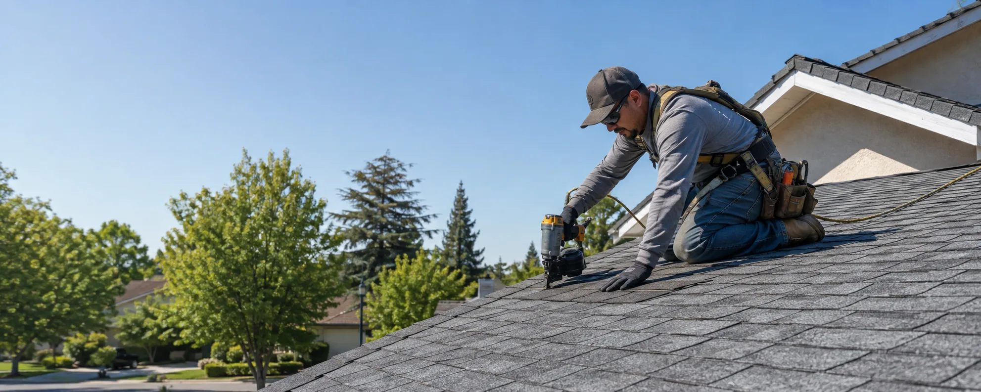 Roofer installing composition shingles in generated placeholder photography